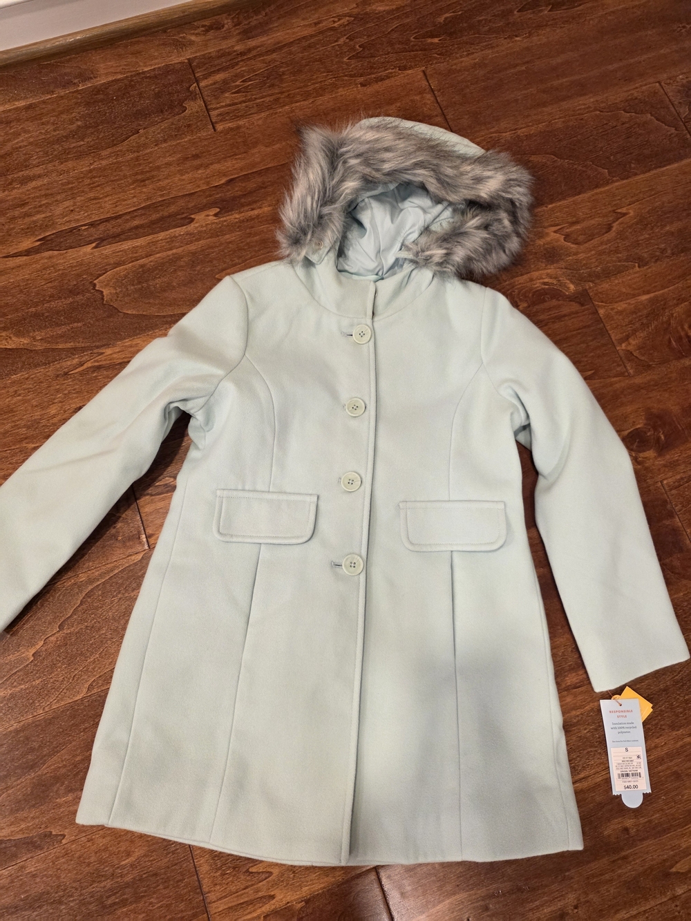 Cat & Jack Girls Light Mint Green Pea Coat Faux Fur Hood Small NWT